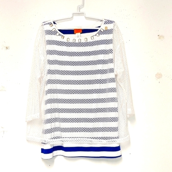 Ruby Rd top mesh over lay/blue &white horizontal strips boat neck tank S: XL - Picture 1 of 5
